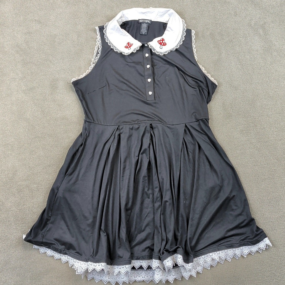 Hot Topic Dress Women XL Black Mushroom Peter Pan Collar Lace Trim Heart Buttons